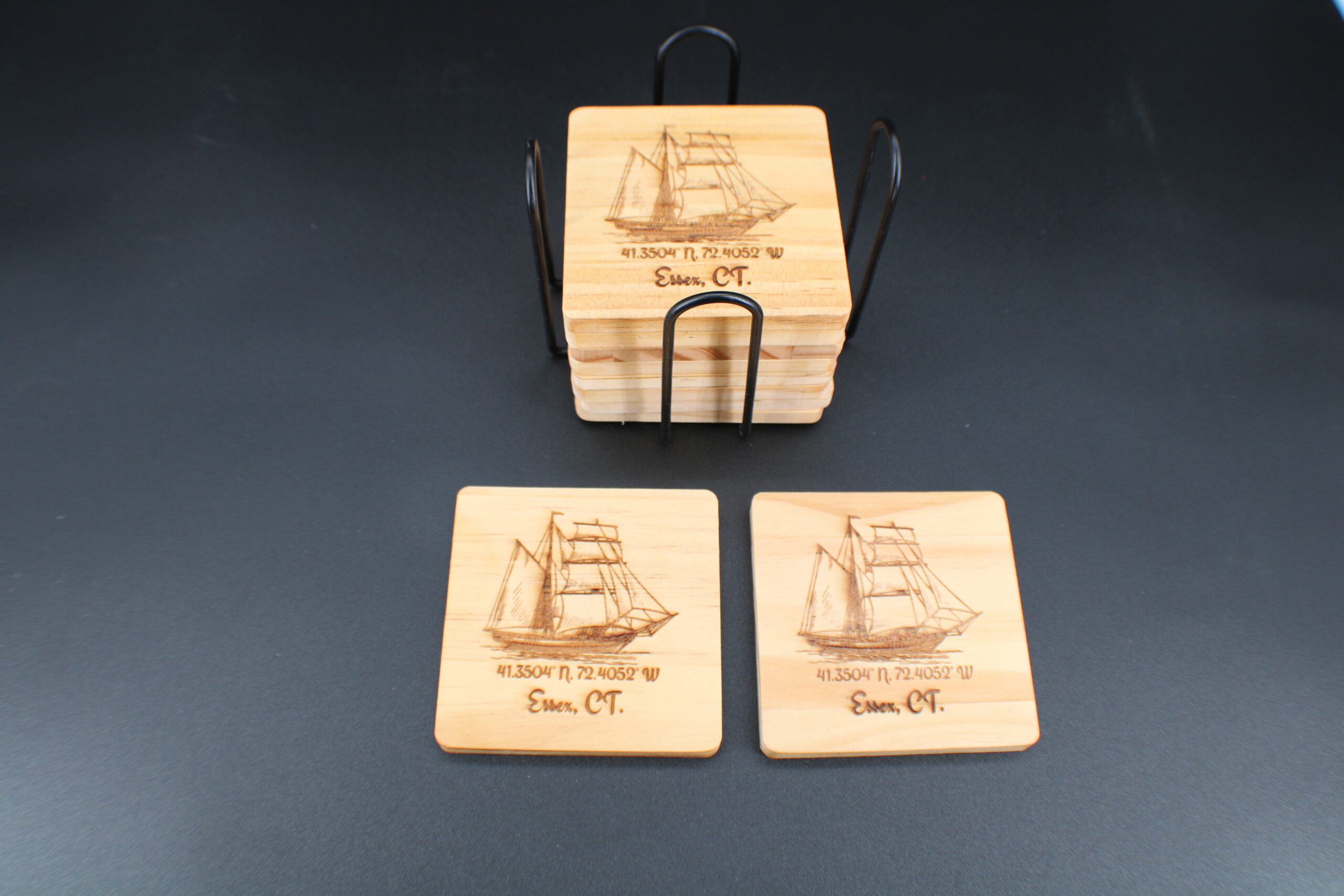 custom laser engraved coasters set of ten with a wire rack